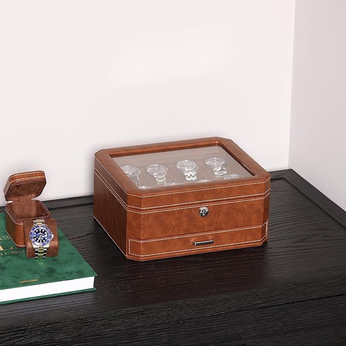 ROTHWELL 8 Slot Leather Watch Box with Valet Drawer - Luxury Case Display Jewelry Organizer, Locking Display Case Holder, Real Glass Top - Watch Box Organizer for Men & Women (Tan/Brown)