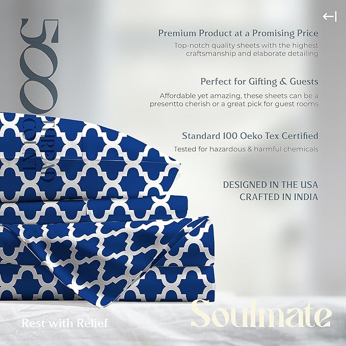 Mayfair Linen 100% Cotton Printed California King Cotton Sheets - 4 PC Cal King Size Bed Sheet Set Cotton (Quatrefoil Navy), Soft, Cooling, Sateen Weave 16" Deep Pocket Bedsheet (Fits 18" Mattress)