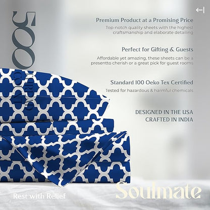 Mayfair Linen 100% Cotton Printed California King Cotton Sheets - 4 PC Cal King Size Bed Sheet Set Cotton (Quatrefoil Navy), Soft, Cooling, Sateen Weave 16" Deep Pocket Bedsheet (Fits 18" Mattress)
