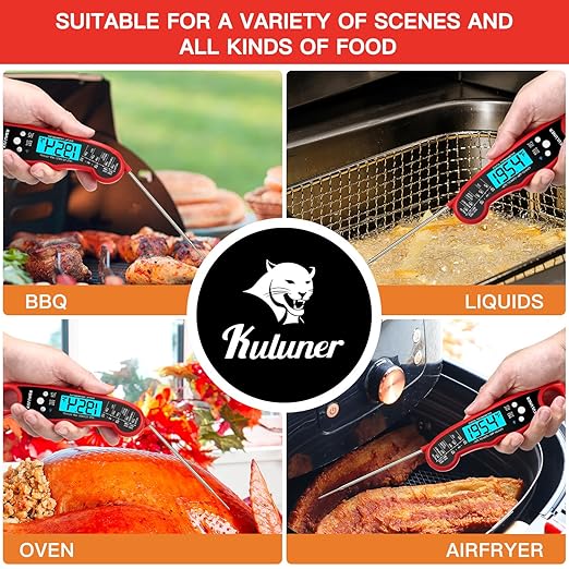 KULUNER TP-01 Waterproof Digital Instant Read Meat Thermometer with 4.6 Folding Probe Backlight Calibration Function for Cooking Food Candy, BBQ Grill, Liquids,Beef（Red）