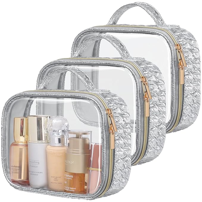 PACKISM TSA Approved Toiletry Bag - 3 Pack Ruched Textured Clear Makeup Bag, Metallic Silver, with 180° Large Opening and Supporting Frame, Perfect for Travel Essentials, Thick No Smell