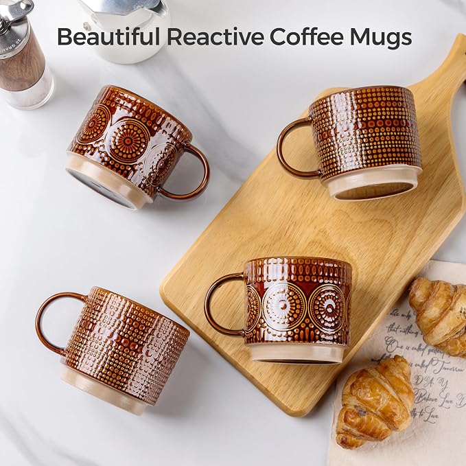 GBhome 12 oz Coffee Mugs Set of 4, Stackable Ceramic Coffee Cups Set | Modern