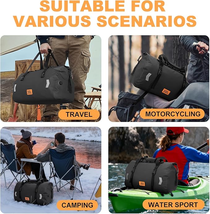 Waterproof Duffel Bag, 30L Roll-top Motorcycle Dry Bag with Air Valve & Quick-fixed Straps, Travel Duffle Bags for Kayaking Paddle Boarding Rafting Boating Camping Riding Fishing - Black