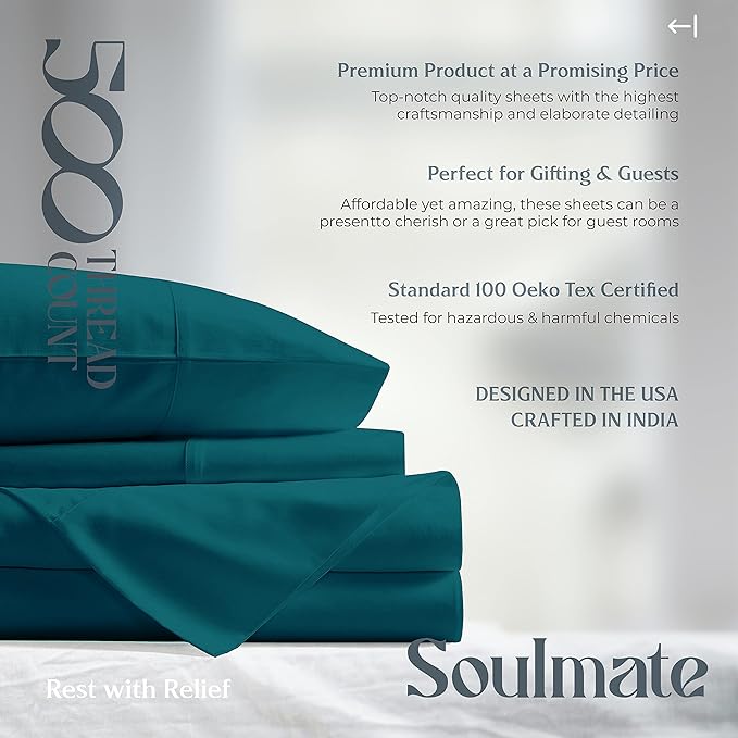 Mayfair Linen 500 Thread Count Twin Cotton Sheets - 3 PC Twin Size Bed Sheet Set Cotton (Teal), Ultra Soft, Cooling, Sateen Hotel-Quality 16" Deep Pocket Bedsheet for Hot Sleepers (Fits 18" Mattress)