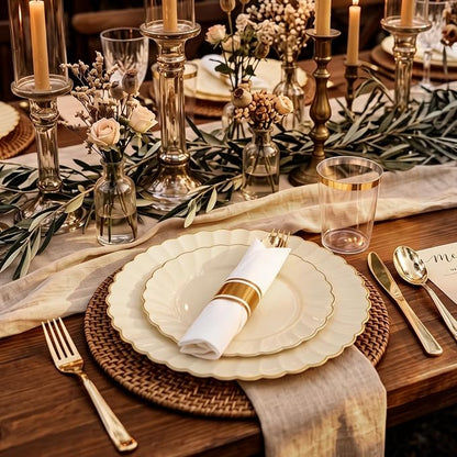 YOUBET 350PCS Ivory Scalloped Plastic Plates