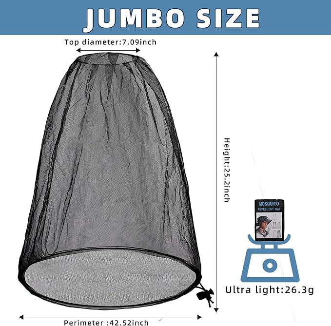 Oversized Mosquito Net 42 x 25 Inches Ultra Large Mosquito Head Net Face Neck Fly Mesh Netting Fits All Hats for Outdoor Camping Hiking Fishing Gardening Safari(Black)