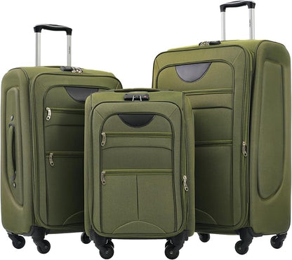 Merax Softside Luggage Set Softshell Lightweight 3 Piece Spinner Suitcase 22" 26" 30" Army Green