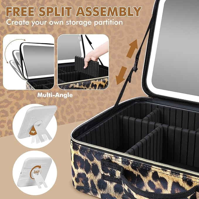 Large Travel Makeup Bag with LED Mirror, 3-Color Stepless Dimming Stand Mirror Detachable, with Adjustable Divider, Makeup Brush Holder Storage (Leopard)