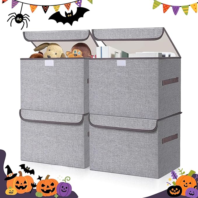 Large 22 Quart Linen Fabric Foldable Storage Bin Cube Organizer Basket with Flip-Top Lid & Handles, Clothes Blanket Box for Home, Office, Closet, Gray, 4 Pack 14.6 x 9.5 x 9.5”