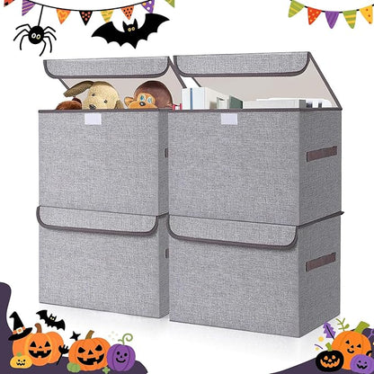 Large 22 Quart Linen Fabric Foldable Storage Bin Cube Organizer Basket with Flip-Top Lid & Handles, Clothes Blanket Box for Home, Office, Closet, Gray, 4 Pack 14.6 x 9.5 x 9.5”