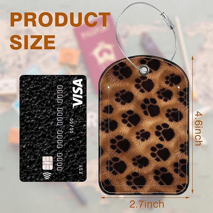 Brown Black Animal Print Paw Prints Leather Luggage Tag for Suitcase 2 Pack Luggage Tag with Privacy Name ID Label and Stainless Steel Loop for Travel Bag Suitcase