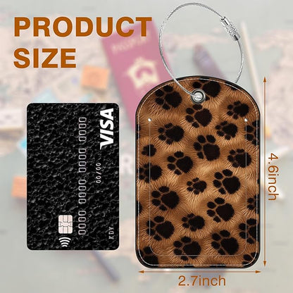 Brown Black Animal Print Paw Prints Leather Luggage Tag for Suitcase 2 Pack Luggage Tag with Privacy Name ID Label and Stainless Steel Loop for Travel Bag Suitcase