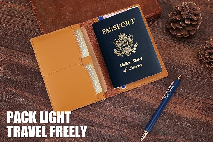 STAR VISTA Albatross Leather Travel Passport Holder, Minimalist Design, Calfskin Leather Case for Women and Men - Slim Passport Wallet, Bifold, RFID Blocking, Honey