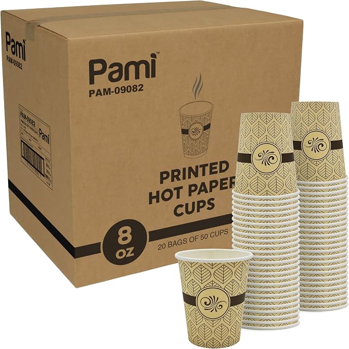 PAMI Disposable Paper Coffee Cups 8 oz, Single-Use, Leak Resistant