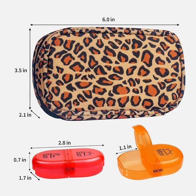 Serfeymi Weekly Travel Pill Organizer 2 Times A Day AM PM Upgraded Rainbow Pill Box 7 Day with Portable Zipper Canvas Pill Case, Medicine Organizer for Pills, Vitamins, Fish Oils - Brown 01