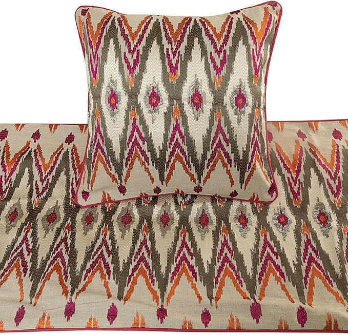 The HomeCentric King Queen Twin Multi Color & Pink Decorative Full 68"x18" Bed Runner with Pillow Cover, Embroidered & Beaded Bed Scarf on Cotton Linen Fabric - My Ikat Love
