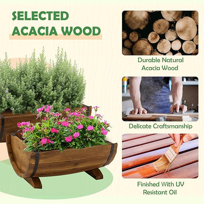 IDZO Solid Acacia Wood Half Barrel Planters Outdoor Set of 2 Different Sizes