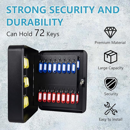 72 Position Key Cabinet with Combination Lock Wall Mount, Black Steel Locking Key Organizer Safe Security Storage Lockbox Holder for Valets, with Colorful Key Tag Labels Stickers and Hooks