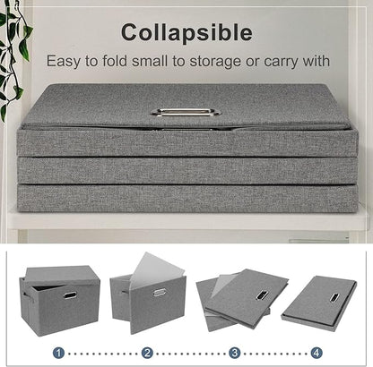 Large 17" 36 Quart Collapsible Stackable Storage Bins with Lids, 3 Packs Grey Linen Fabric Closet Boxes with Lids, Storage Cube Baskets Container Organizers for Bedroom Office(17 x12 x11)