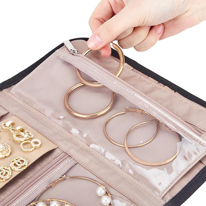 BELALIFE Travel Jewelry Case Organizer, Medium Foldable Storage Roll for Earrings, Necklaces, Rings, Bracelets, Brooches, Black