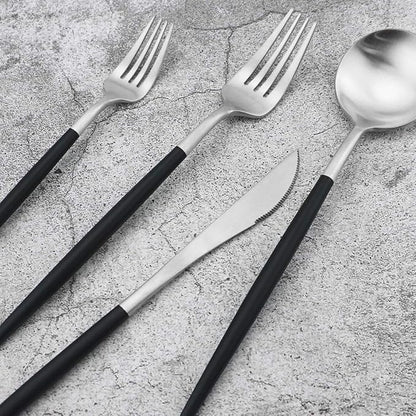 Black Handle Matte Silver Silverware Set