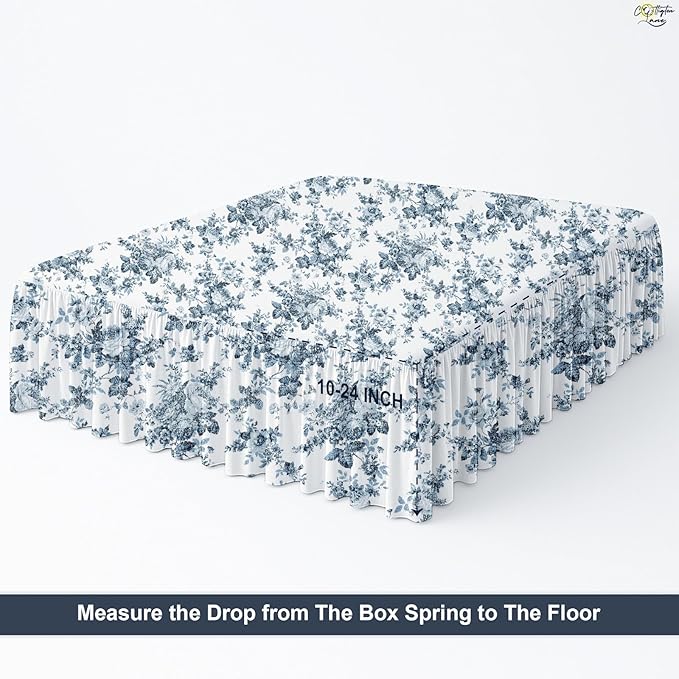 Cottington Lane Ruffled Bed Skirt King Size with Split Corner, Brushed Microfiber Hotel Quality Dust Ruffle, 15 Inch Drop Gathered Bedskirt, Soft, Stylish, Shrink & Fade Resistant, Blue Floral Bliss