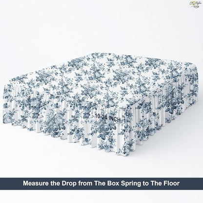 Cottington Lane Ruffled Bed Skirt Twin Size with Split Corner, Brushed Microfiber Hotel Quality Dust Ruffle, 15 Inch Drop Gathered Bedskirt, Soft, Stylish, Shrink & Fade Resistant, Blue Floral Bliss