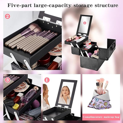 Makeup Train Case, Portable Makeup Case with Mirror, 2-Trays Cosmetic Organizer Case,Nail Polish Organizer, Travel Makeup Box, Profesional for Salon Barber, Black