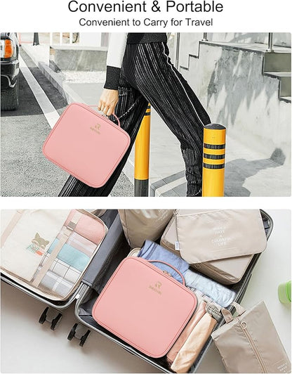 Relavel Makeup Bag with Light Up Mirror, Makeup Case Travel Cosmetic Bags Brush Organizer Storage Box, Rechargeable Vanity Mirror with 3 Color Lights, High Frame Mirror Protection (Pink)
