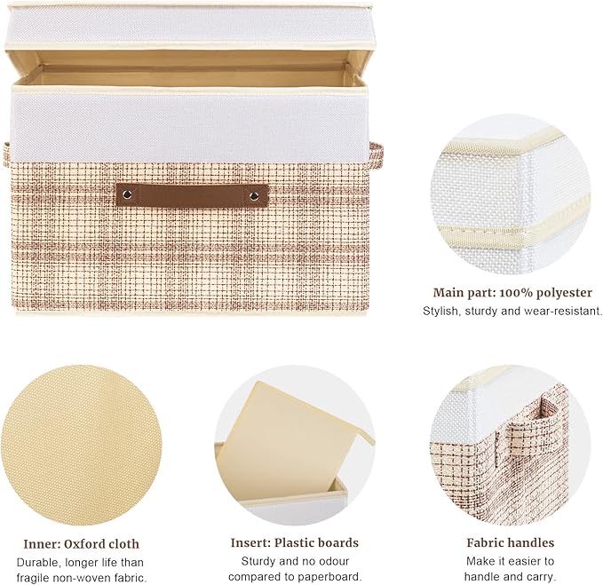 TYEERS Collapsible Storage Bins with Lids, Patchwork Design, Washable, Fabric Storage Boxes, 14.9x9.8x9.8 inches, 5 Pack, Camel Tan