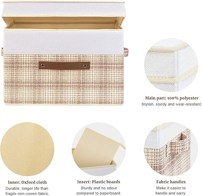 TYEERS Collapsible Storage Bins with Lids, Patchwork Design, Washable, Fabric Storage Boxes, 14.9x9.8x9.8 inches, 5 Pack, Camel Tan