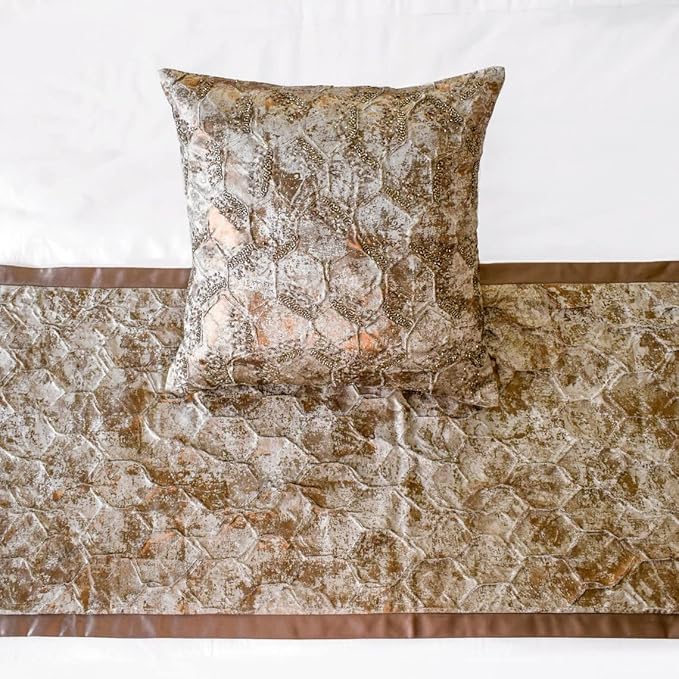 The HomeCentric King/Queen/Twin Copper Designer Twin 53"x18" Bed Runner with 2 Pillow Cover, Beaded & Foil Bed Scarf on Silk Fabric - Aranka