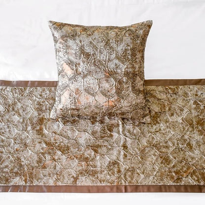 The HomeCentric King/Queen/Twin Copper Designer Twin 53"x18" Bed Runner with 2 Pillow Cover, Beaded & Foil Bed Scarf on Silk Fabric - Aranka