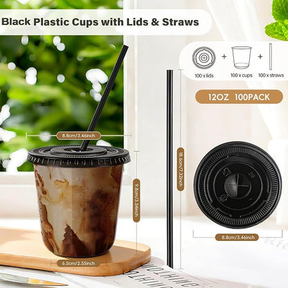 tchrules 100 Set 12oz Black Round Bottom Plastic Cups