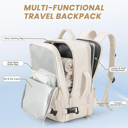 Beraliy Travel Backpack, Large Carry On Backpack, Personal Item Travel Bag, Airline Approved 17 Inch Laptop Backpack, College Weekender Business Hiking Bag, Beige