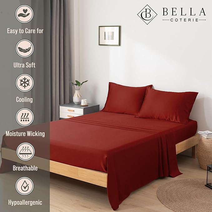 Bella Coterie Luxury Bamboo Viscose King Size Sheet Set | 100% Organically Grown | Ultra Soft | Cooling for Hot Sleepers | 18" Deep Pocket [Merlot]