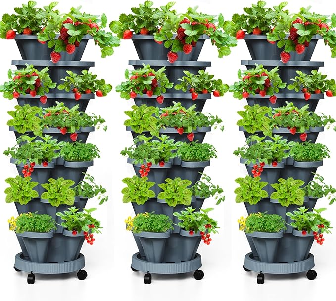 7 Tiered Strawberry Vertical Planter Tower Garden 3 Pack, Stackable Planter
