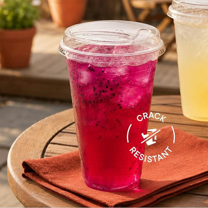24 oz Clear Plastic Cups with Strawless Sip-Lids PET Crystal Clear Disposable