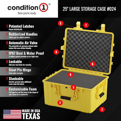 Condition 1 25" Large Heavy-Duty Protective Waterproof Hard Case Model 024, Portable Storage Box with Customizable Foam, Camera, Tool, Hunting, Made in USA, 24.27"x19.40"x13.57" Yellow