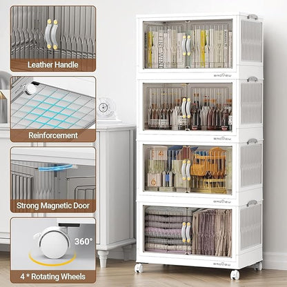BROVIEW 400Qt Stackable Storage Bins with Lid, Extra Large Closet Organizer Collapsible Drawer Boxes with Wheels, Folding Plastic Cabinet Containers for Home Kitchen Room Organization, 5Pack White