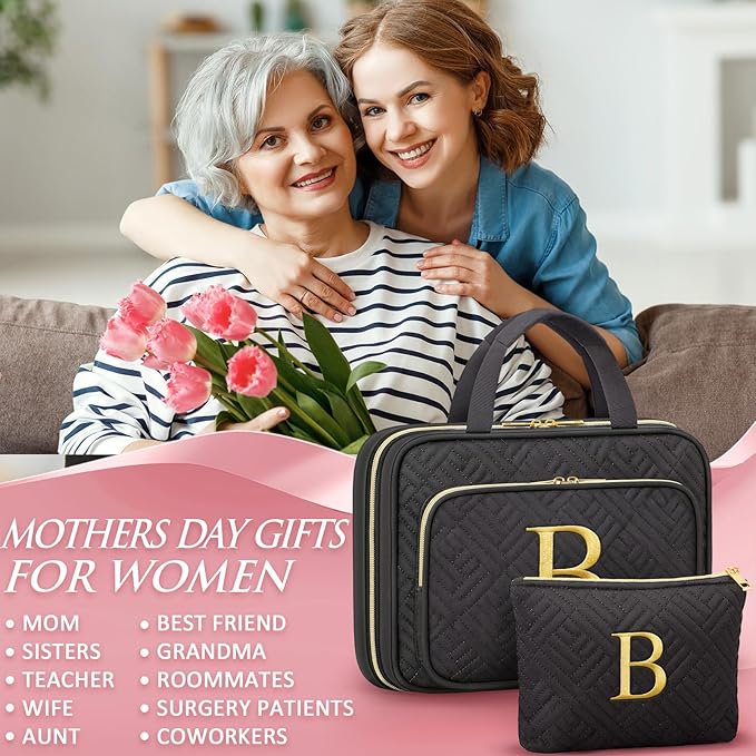 Gifts for Women, Initial Toiletry Makeup Bag Hanging Cosmetic Organizer with Embroidery Letter Personalized Nurse Teacher Appreciation Gift Birthday Christmas Gifts for Mom Sister Wife Friend Auntie