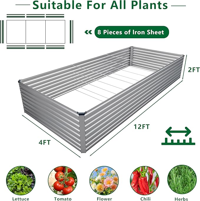 12x4x2FT Galvanized Raised Garden Bed Kit, Vegetable Plant Boxes-Rectangle