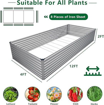 12x4x2FT Galvanized Raised Garden Bed Kit, Vegetable Plant Boxes-Rectangle