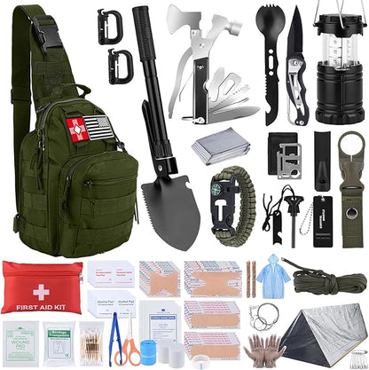 Survival Kit, Gifts for Christmas Men, Women, 251pcs Emergency Survival Gear and Supplies Equipment, First Aid Kit with Crossbody Bag, Camping Essentials for Earthquake, Hiking, Outdoor Adventure