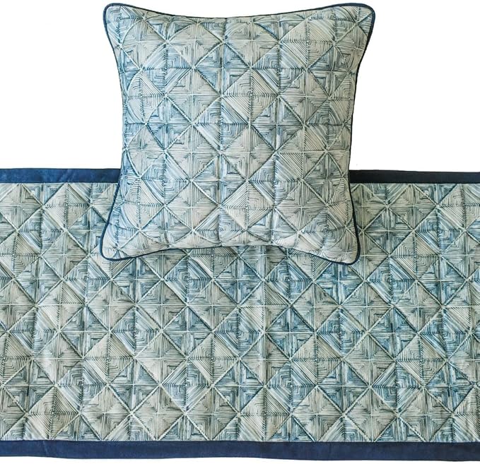 The HomeCentric King/Queen/Twin Blue Decorative CA King 86"x18" Bed Runner with 2 Pillow Cover, Indigo, Printed & Quilted Bed Scarf on Suede Fabric - Indigo Centric