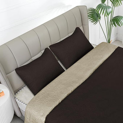 Easy-Going Full/Queen Size Reversible Quilt Set with 1 Quilt and 2 Pillow Shams, Soft Bed Quilt Cover, Water Resistant Lightweight Bedspread, Stain Resistant, Olive Leaf-Chocolate/Beige