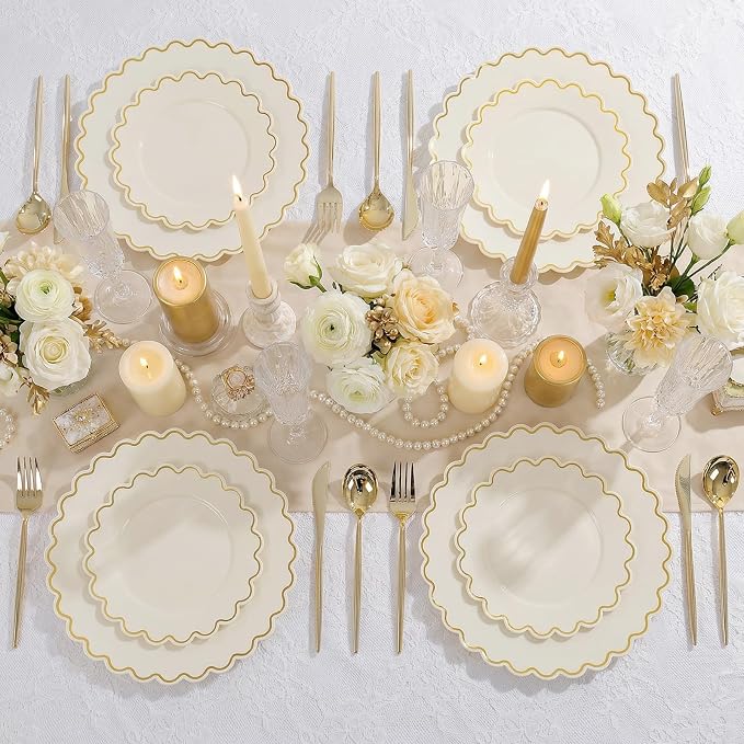 LIYH 100 Pcs Heavy Duty Ivory Gold Plastic Plates