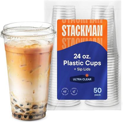 24 oz Clear Plastic Cups with Strawless Sip-Lids PET Crystal Clear Disposable