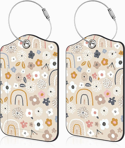 2 Pack Luggage Tags for Suitcases Boho Rainbow Flower Leather Luggage Tags Privacy Cover ID Label with Stainless Steel Loop and Address Card for Women Men Travel Bag Backpack