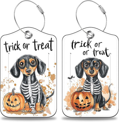 Halloween Funny Dachshund Dog and Pumpkin Set of 2 Luggage Tags for Suitcases Leather Suitcase Tags with Privacy Name Address Label and Stainless Steel Loop for Women Men Travel Luggage Accessories